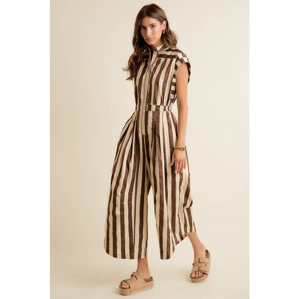 SLEEVELESS WIDRE LEG WIDE STRIPE JUMPSUIT