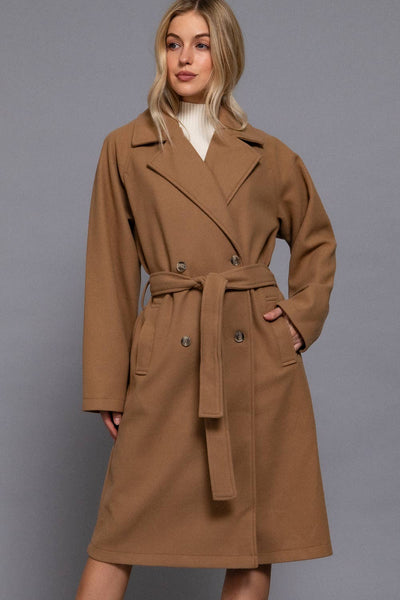 Long Sleeve Double Breasted Button Soft Felt Trench Coat