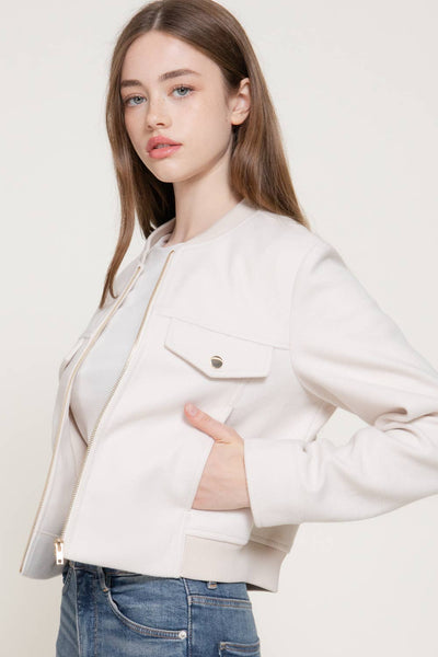 Long Sleeve Crew Neck Felt Jacket with Pocket Flap Detail