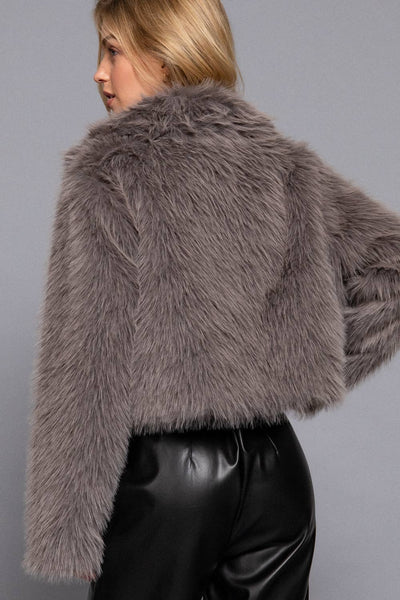 Long Sleeve Notched Collar Faux Fur Cropped Jacket