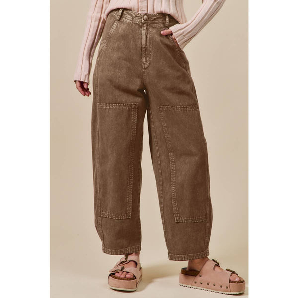 MINERAL WASHED MID RISE BARREL SHAPE PANTS