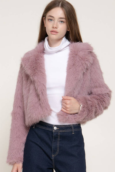 Long Sleeve Notched Collar Faux Fur Cropped Jacket
