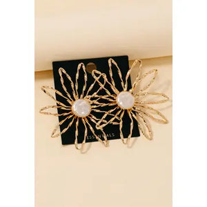 Gold Plated Pearl Stud Large Flower Earrings