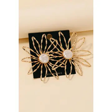 Gold Plated Pearl Stud Large Flower Earrings