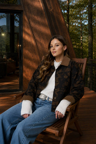 FLORAL DENIM JACQUARD CORDUROY COLLAR JACKET