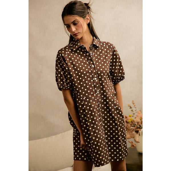 POLKA DOT TWILL PUFF-SLEEVE MINI DRESS