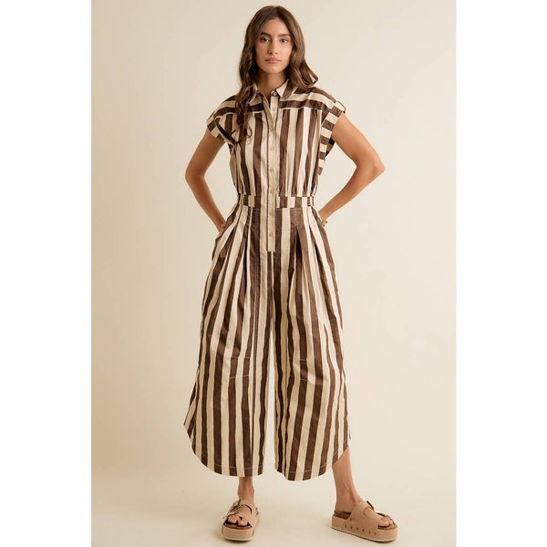 SLEEVELESS WIDRE LEG WIDE STRIPE JUMPSUIT