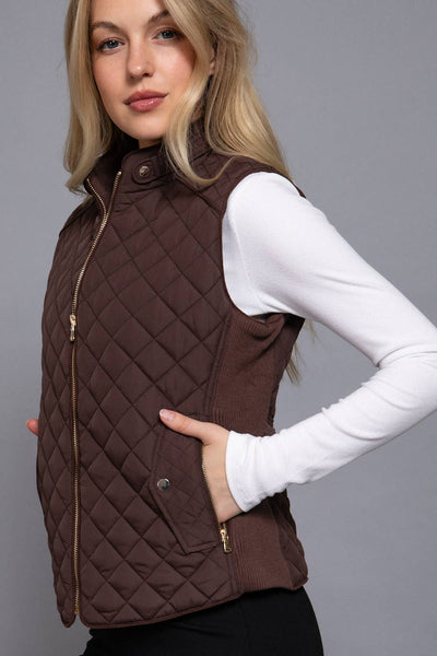 Suede Piping Detail Rib Quilted Padding Vest