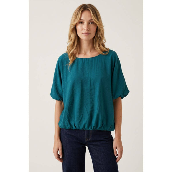 Wide Neck Short Sleeve Bubble Hem Top