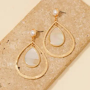 Mother of Pearl and Hammered Teardrop Dangle Earrings