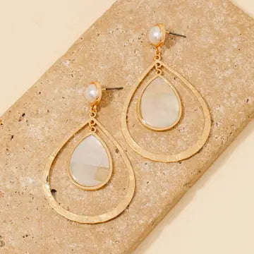 Mother of Pearl and Hammered Teardrop Dangle Earrings
