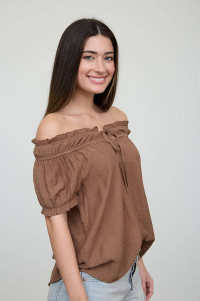 RUFFLED BOAT NECK FRONT TIE PUFF SLEEVE TOP