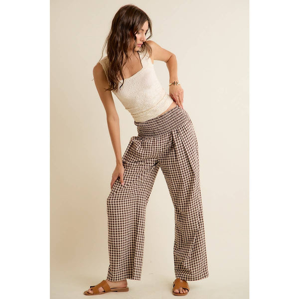 GINGHAM SMOCKED WAIST WIDE LEG PANTS
