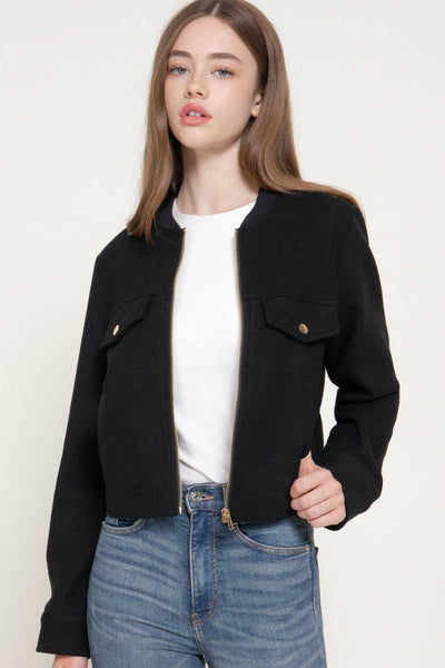 Long Sleeve Crew Neck Felt Jacket with Pocket Flap Detail