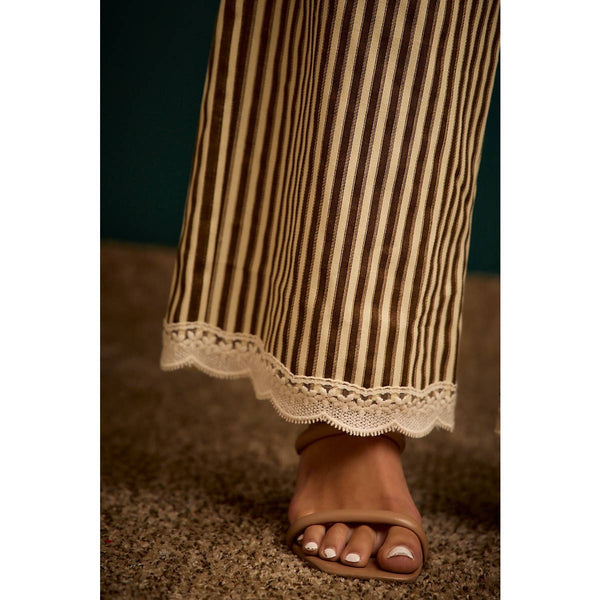 TWIILL STRIPE BANDING WAIST LACE TRIM HEM PANTS