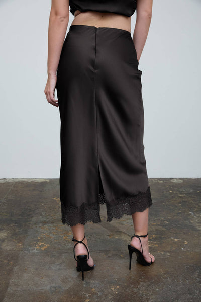 SATIN LACE HEM BACK SLIT PENCIL MIDI SKIRT (PRE-ORDER)