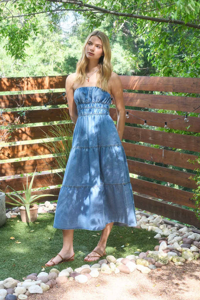 STRAPLESS SHIRRED TIERED DENIM MIDI SUNDRESS