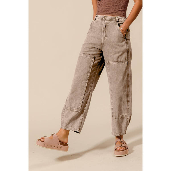 MINERAL WASHED MID RISE BARREL SHAPE PANTS