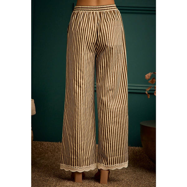 TWIILL STRIPE BANDING WAIST LACE TRIM HEM PANTS