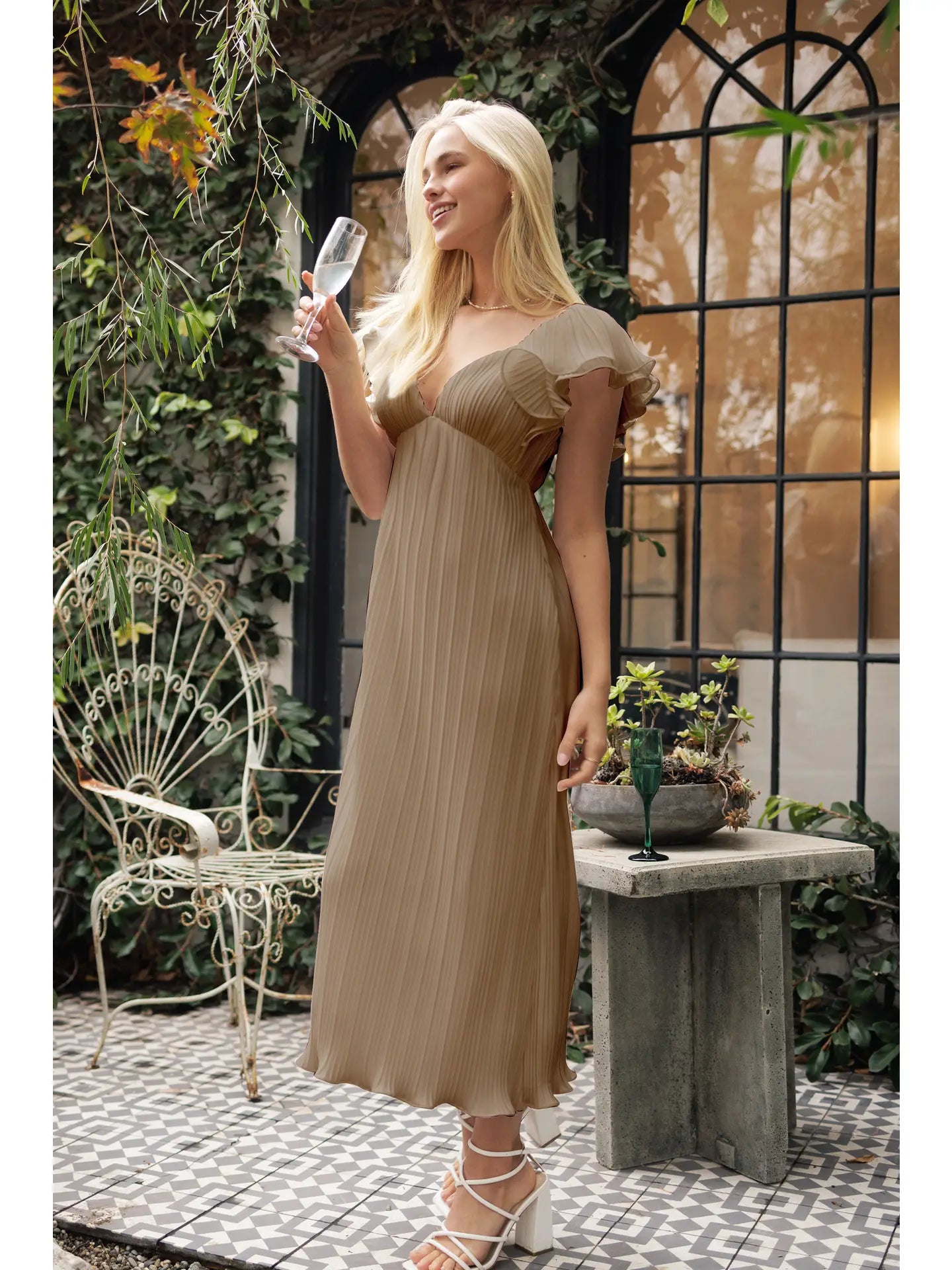 Endless Blu V-Neck Flutter Sleeve Pleated Midi Dress- Mocha