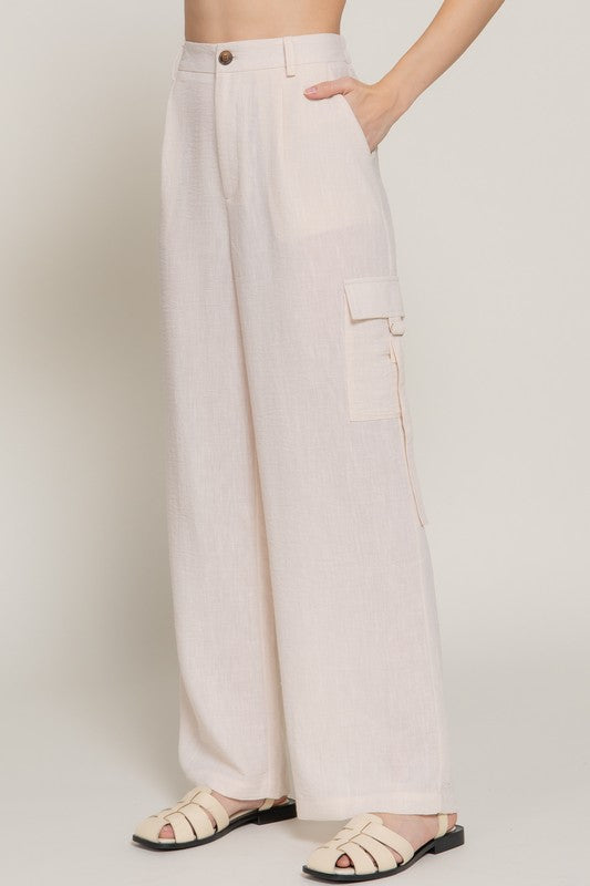 Active Basic Linen Effect Cargo Pants- Natural