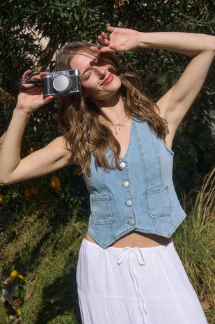 Blu Pepper V Neck Button Down Denim Vest