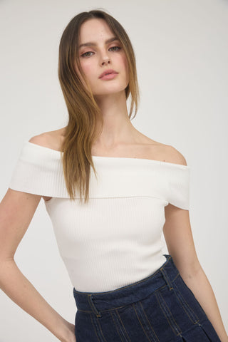 Blu Pepper Off The Shoulder Fold Over Sweater Knit Top- White