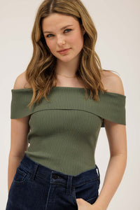 Blu Pepper Off The Shoulder Fold Over Sweater Knit Top- Moss Green