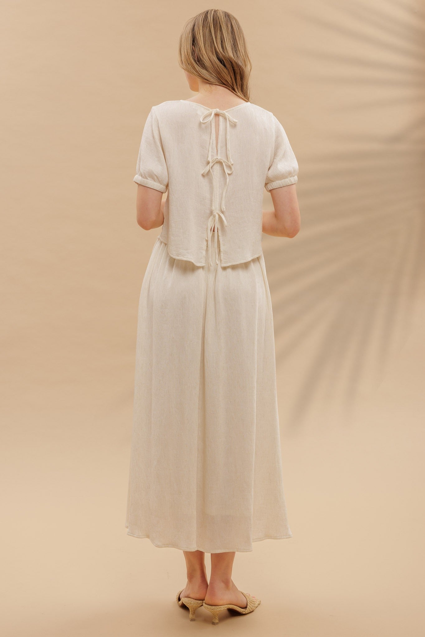 Blu Pepper Round Neck Short Puff Sleeve Back Tie Shirt