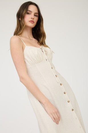 Blu Pepper Spaghetti Strap Button Down Front Tie Midi Dress- Oatmeal