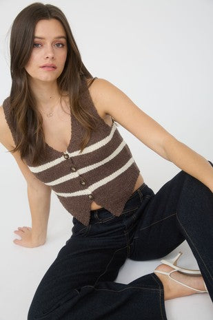 Blu Pepper Stripe V Neck Button Front Sleeveless Knit Vest- Brown