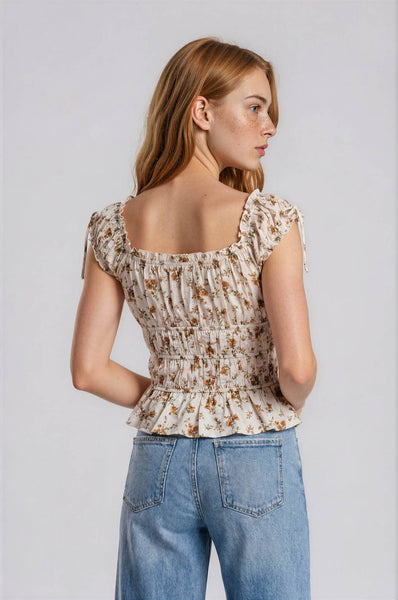 FLORAL FRONT TIE SHIRRED WAIST RUFFLED TOP