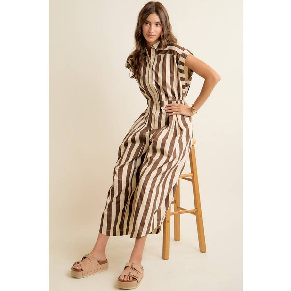 SLEEVELESS WIDRE LEG WIDE STRIPE JUMPSUIT