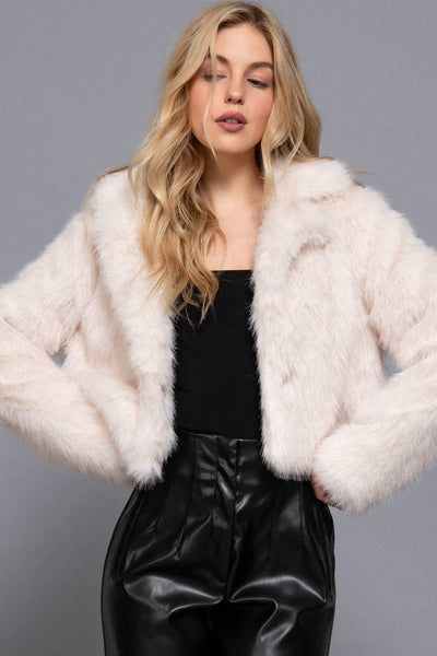 Long Sleeve Notched Collar Faux Fur Cropped Jacket