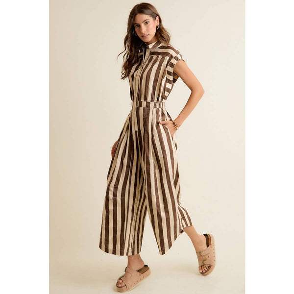 SLEEVELESS WIDRE LEG WIDE STRIPE JUMPSUIT