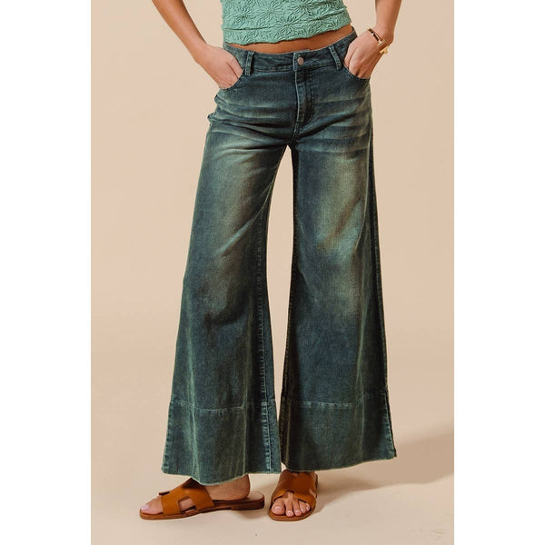 WIDE LEG FLARED WASHED CORDUROY PANTS