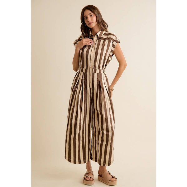 SLEEVELESS WIDRE LEG WIDE STRIPE JUMPSUIT