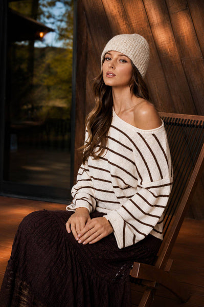 STRIPE TEXTURED RAW EDGE LONG SLEEVE KNIT SWEATER
