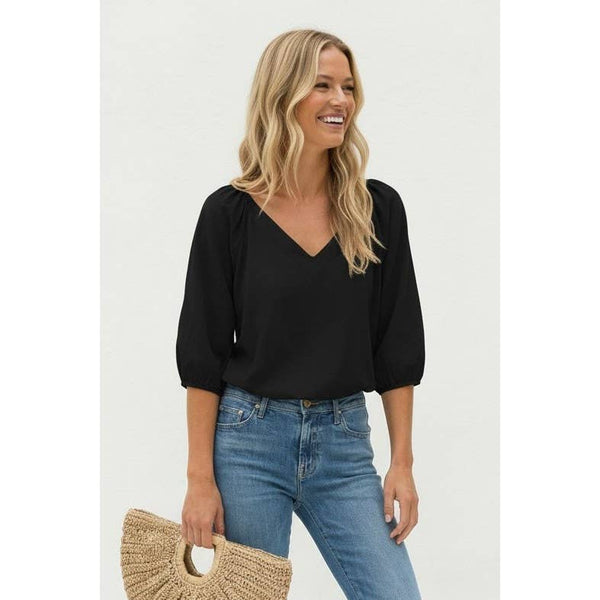 Elastic Puff Sleeve V-neck Blouse