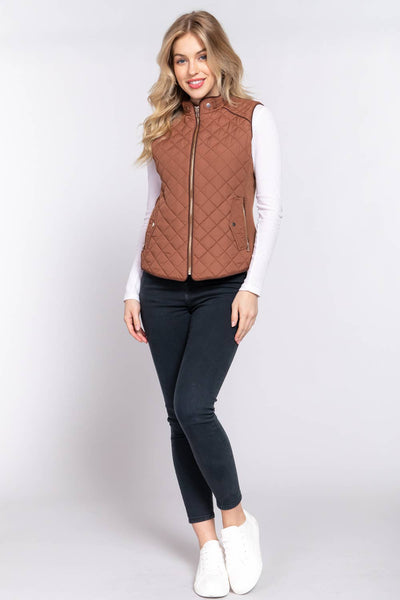 Suede Piping Detail Rib Quilted Padding Vest