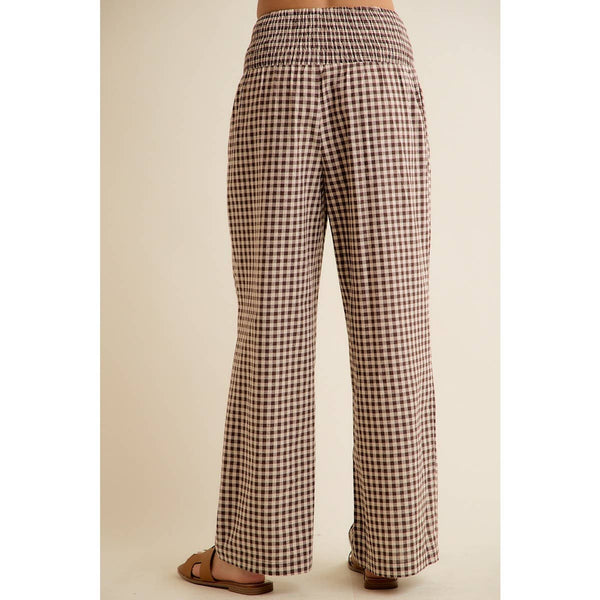 GINGHAM SMOCKED WAIST WIDE LEG PANTS