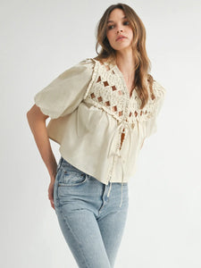 Endless Blu Western Boho Crochet Tie-Front Top