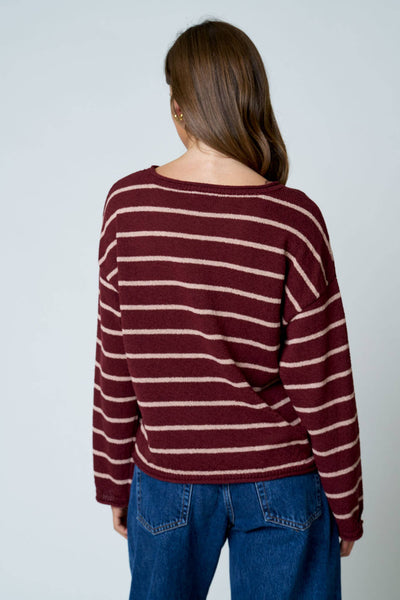 STRIPE TEXTURED RAW EDGE LONG SLEEVE KNIT SWEATER