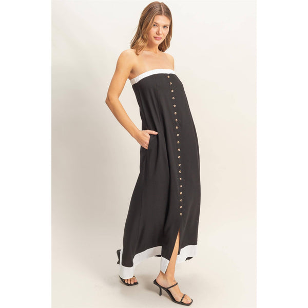 Strapless Button-Front Maxi Dress