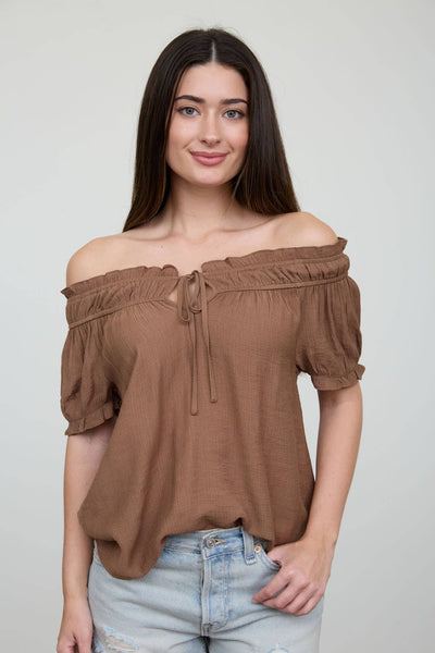 RUFFLED BOAT NECK FRONT TIE PUFF SLEEVE TOP