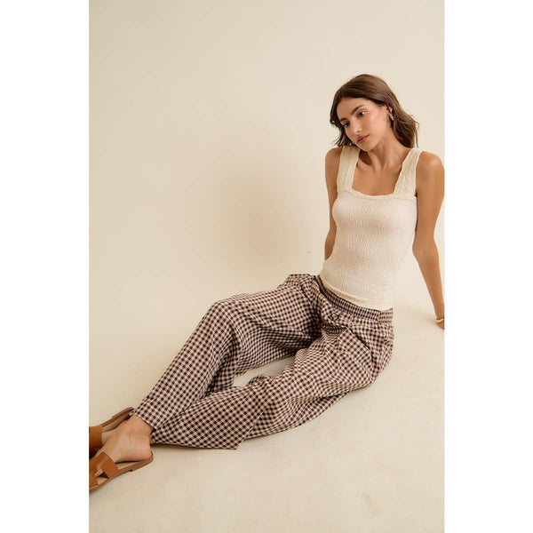 GINGHAM SMOCKED WAIST WIDE LEG PANTS