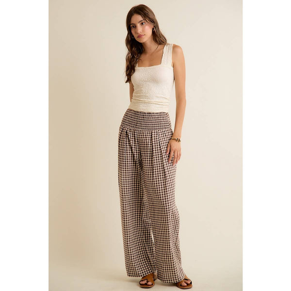 GINGHAM SMOCKED WAIST WIDE LEG PANTS