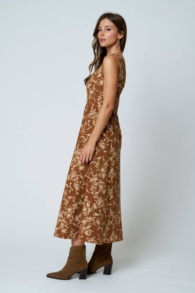FLORAL TOILE SLEEVELESS FRONT HOOK MIDI DRESS