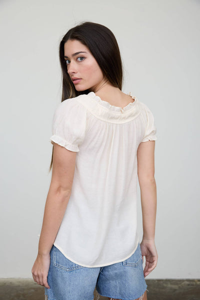 RUFFLED BOAT NECK FRONT TIE PUFF SLEEVE TOP