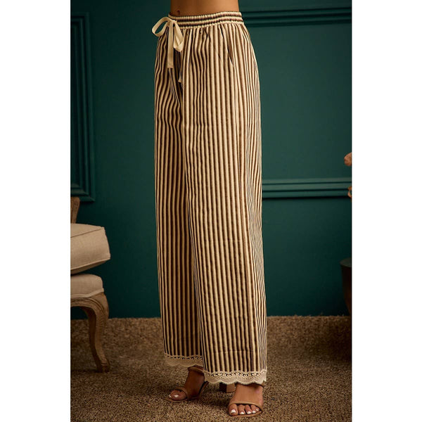 TWIILL STRIPE BANDING WAIST LACE TRIM HEM PANTS